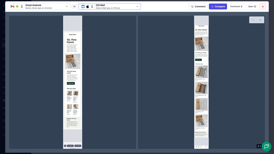Full-length comparison of the same Shopify test email in Gmail Android and iOS Mail, with private headers and footers masked