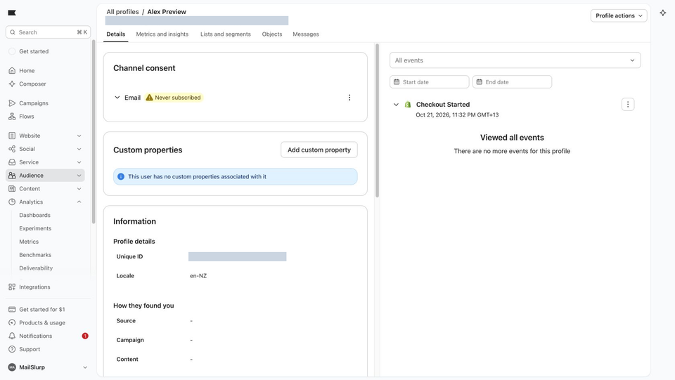 Full Klaviyo profile with the actual Checkout Started event visible and private recipient and profile identifiers hidden
