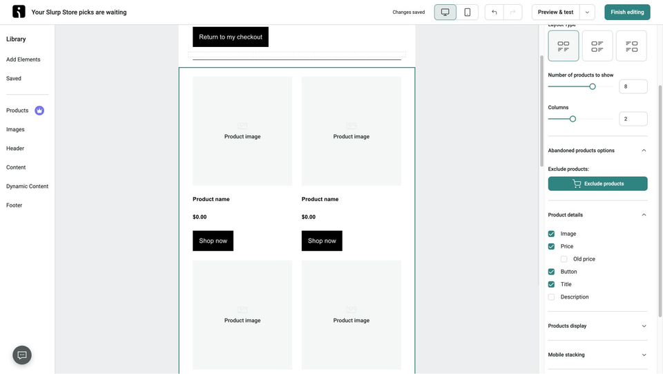 Full Omnisend editor with the abandoned-product block selected and Product details settings open