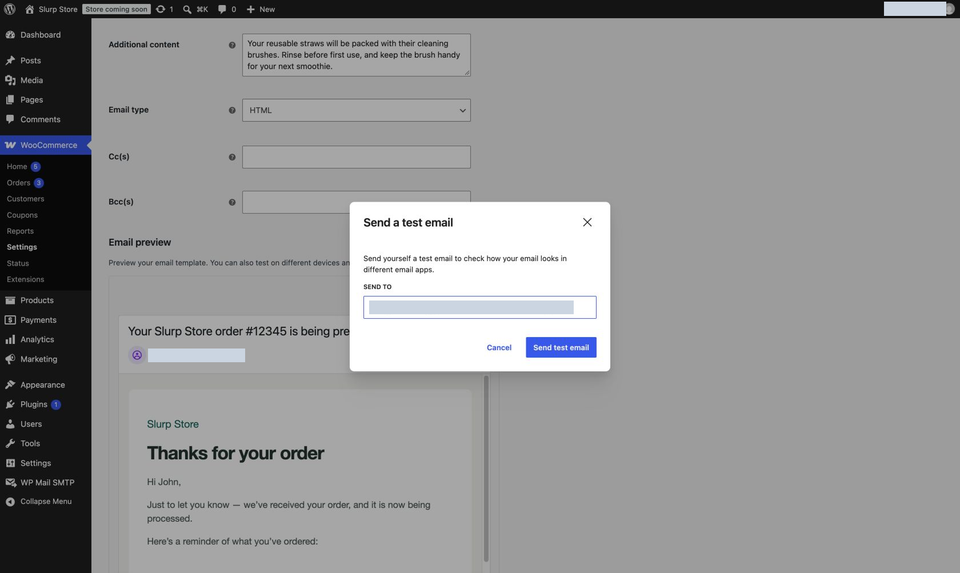 WooCommerce email settings with the Send a test email recipient dialog open over the built-in order preview