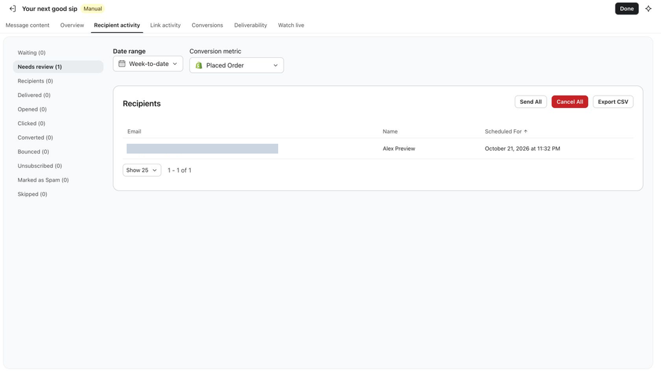 Full Klaviyo Recipient activity view showing Needs review one and a single Alex Preview recipient row