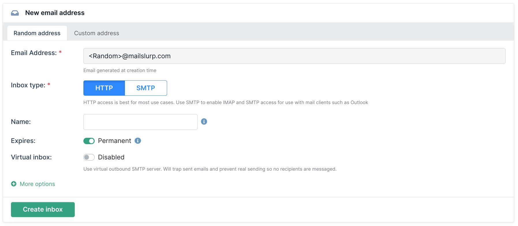 MailSlurp inbox creation with random or custom addresses, HTTP or SMTP, and expiry options