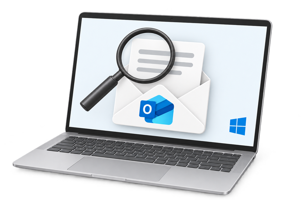 A Windows laptop, New Outlook envelope and magnifying glass illustrating an email review
