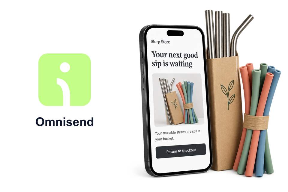Omnisend logo beside an illustration of a Slurp Store checkout reminder on a phone and reusable drinking straws