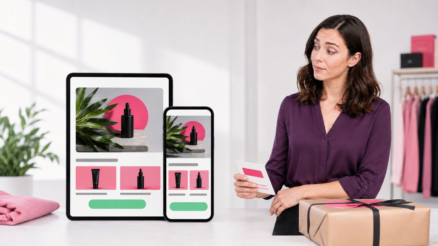 A marketer reviewing a Omnisend campaign on phone and tablet email previews