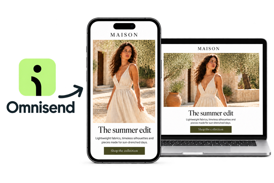 Omnisend logo with an arrow pointing to a fashion email campaign on a phone and laptop