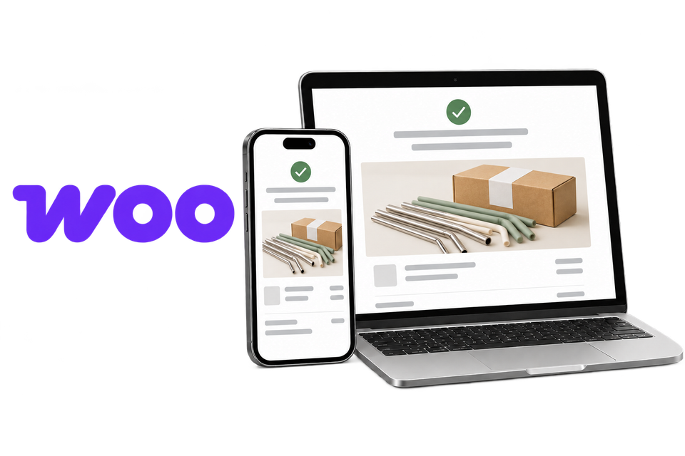 WooCommerce order email illustration with reusable straws on a phone and laptop