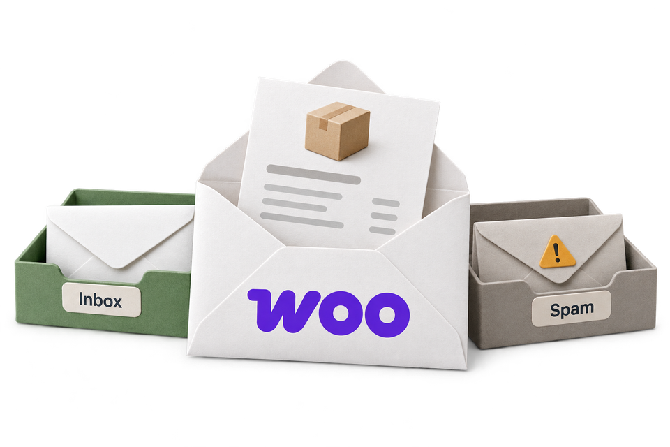 WooCommerce order envelope between folders labelled Inbox and Spam