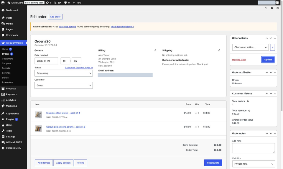 WooCommerce order editor showing Processing status, two straw products, a customer note and the 33.80 dollar total