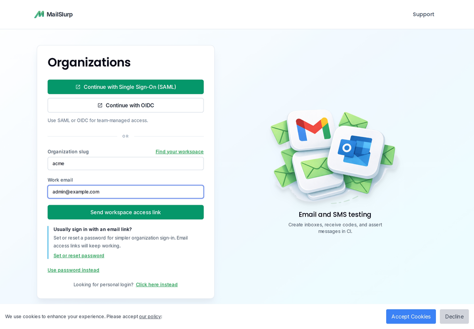 MailSlurp organization sign-in with workspace slug, work email, an access-link button, and a password sign-in option