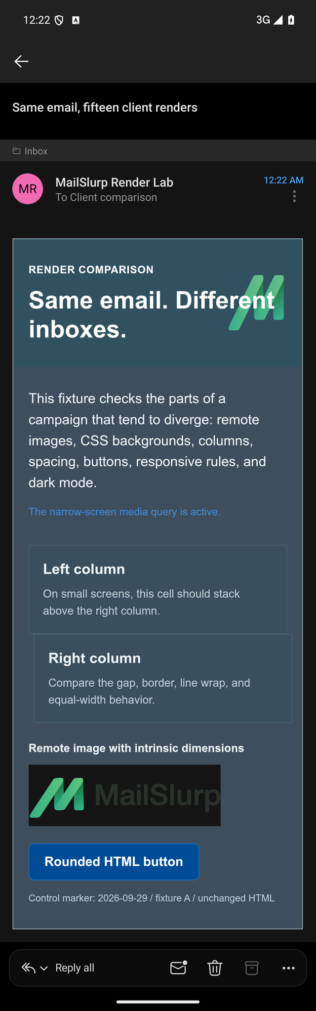 The same email in Outlook Android dark mode with stacked columns and a low-contrast dark wordmark
