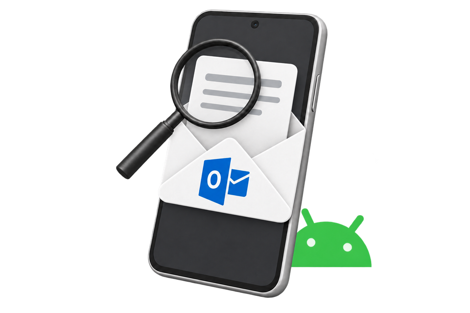 An Android phone, Outlook envelope and magnifying glass illustrating a dark-mode email review