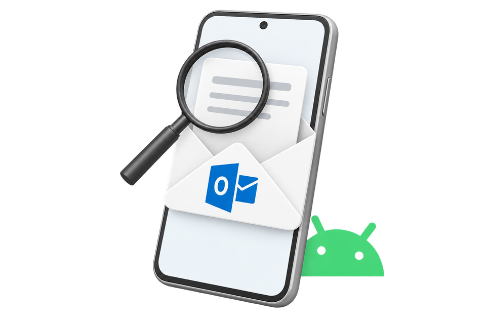 An Android phone, Outlook envelope and magnifying glass illustrating an email review