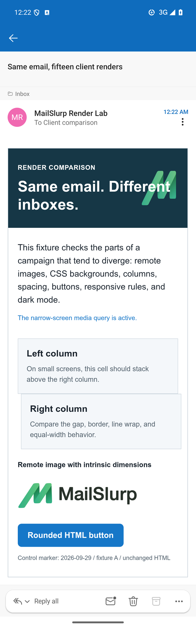 Controlled email in Outlook Android light mode with stacked columns and visible logo