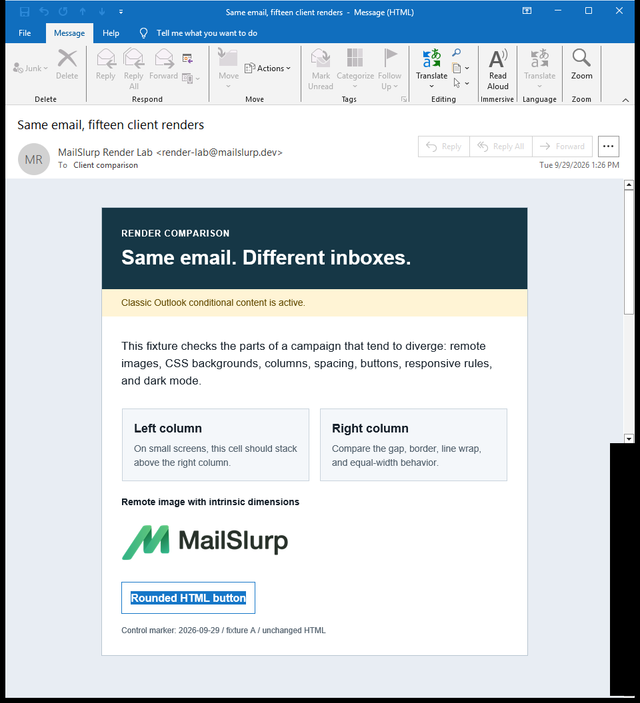 Controlled email in Outlook Classic with no hero background logo and a button that lost its blue fill