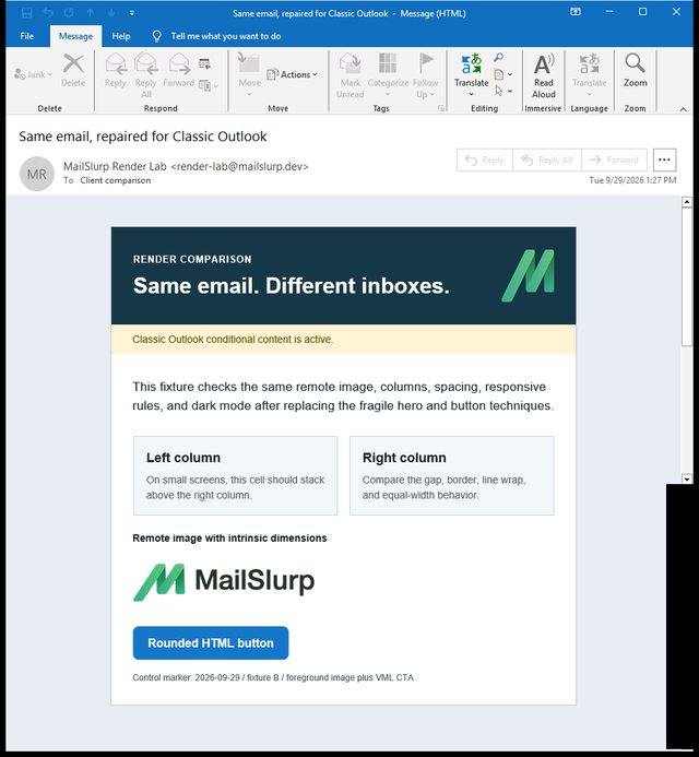 Repaired Outlook Classic render with a foreground hero logo, white heading, and blue VML-backed CTA