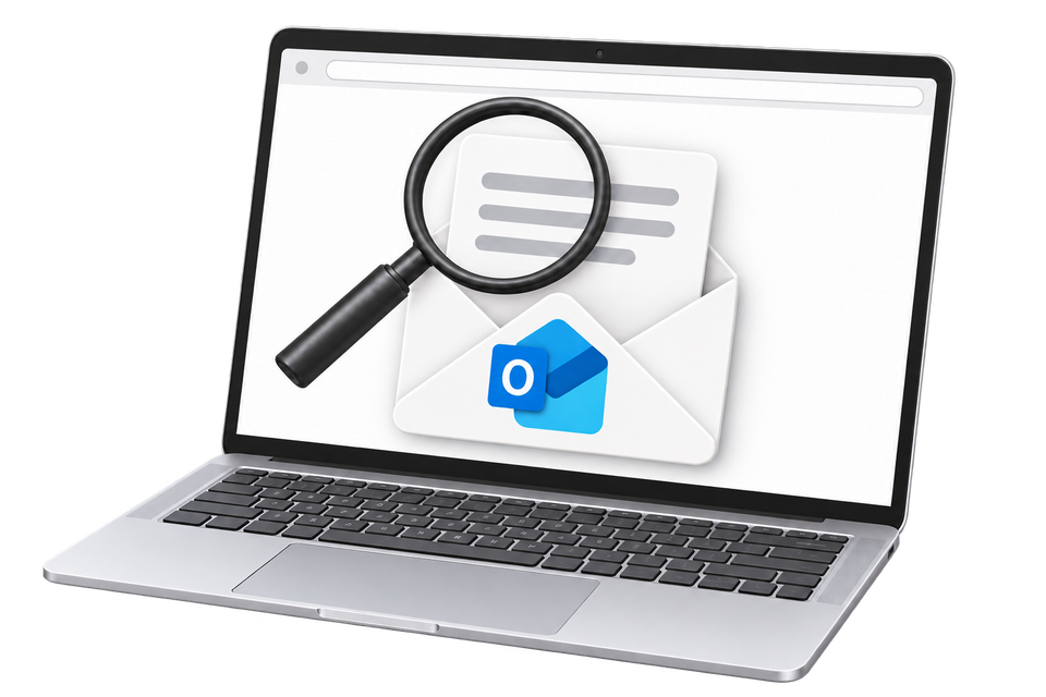 An Outlook envelope and magnifying glass on a laptop illustrating an email review in webmail