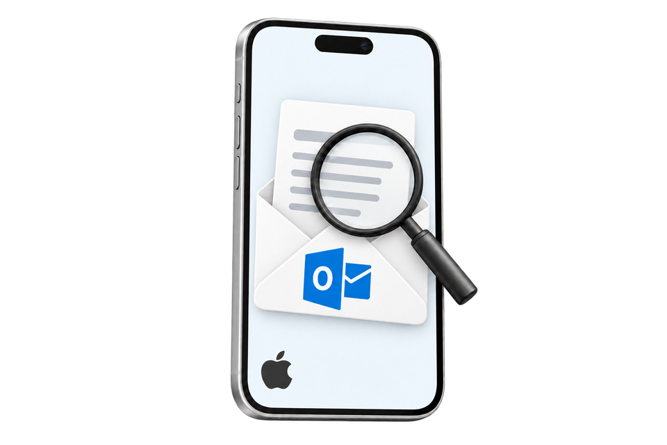 An iPhone, Outlook envelope and magnifying glass illustrating an email review