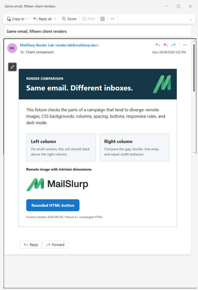 The same controlled email in New Outlook with the hero logo and blue rounded button visible
