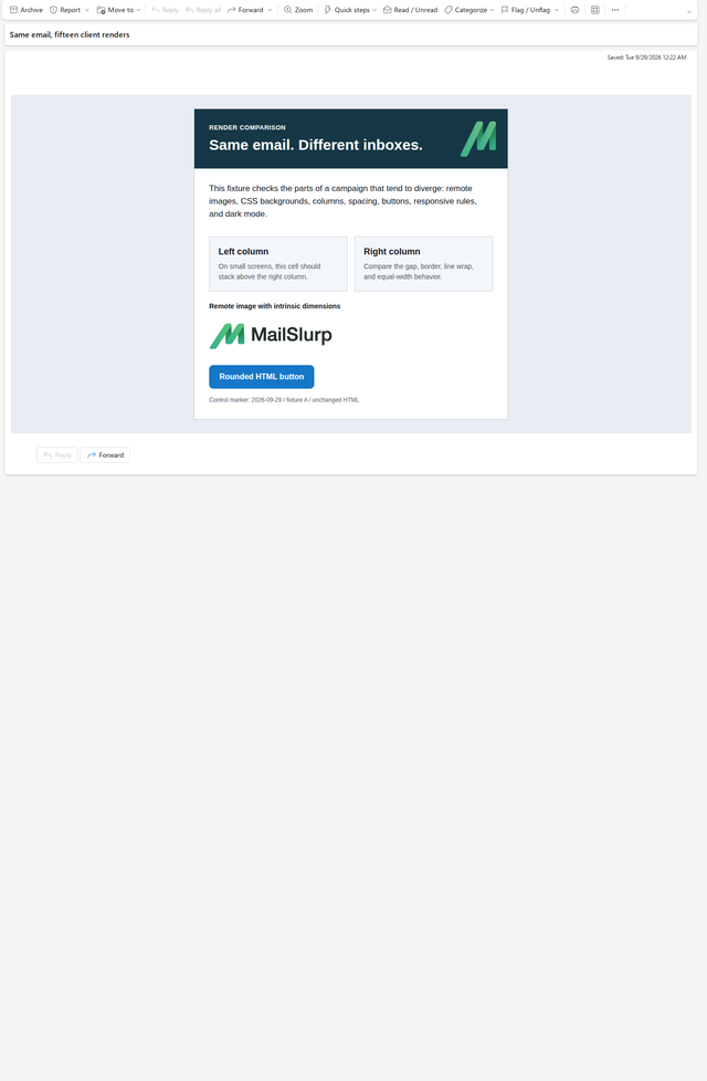 The same controlled email in Outlook on the web with hero logo, two columns, remote wordmark, and blue button