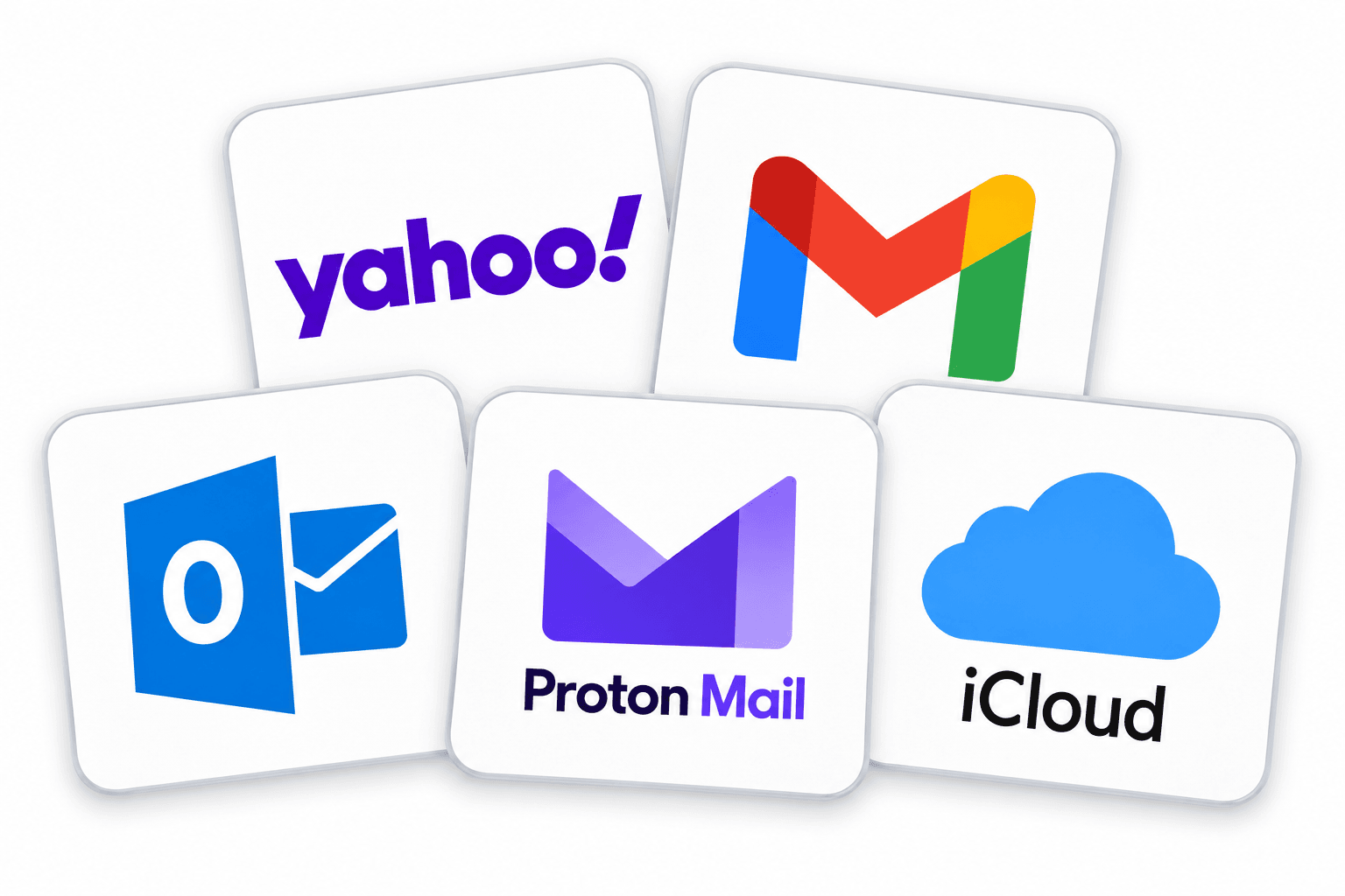 Yahoo, Gmail, Outlook, Proton Mail, and iCloud provider cards