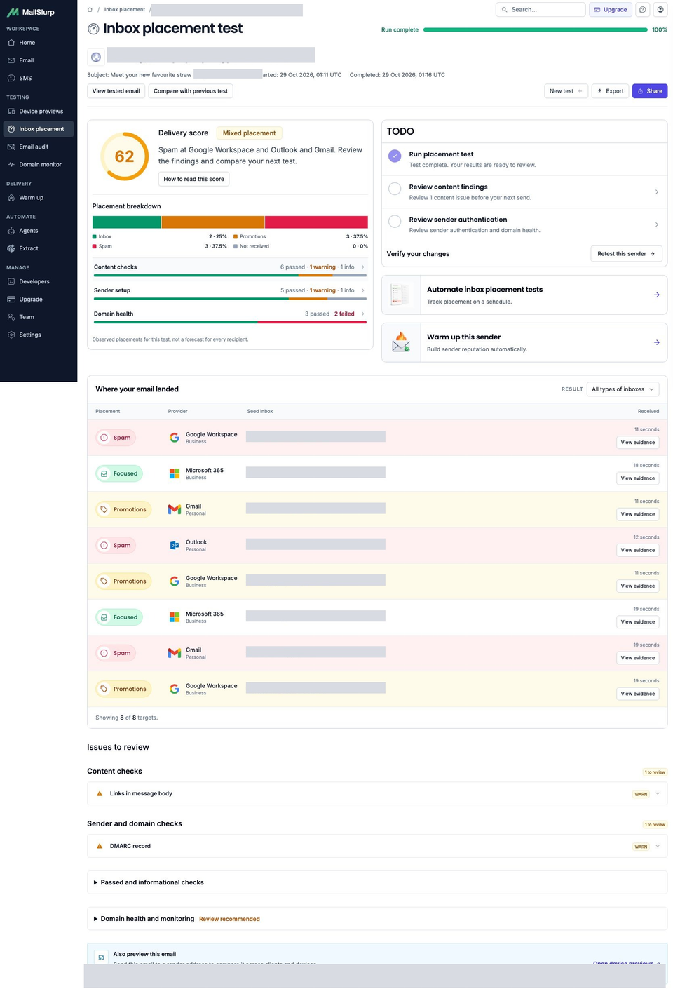 Complete MailSlurp report showing Run complete, score 62 and all eight provider results, with sender, recipients and run identifiers masked