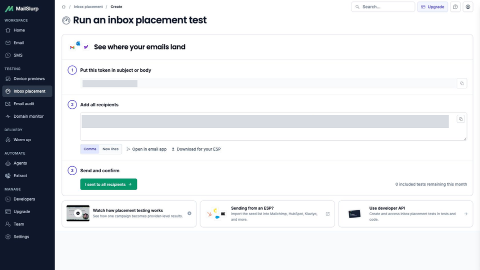 MailSlurp placement setup showing the token, recipient-list and send-confirmation controls, with test values masked