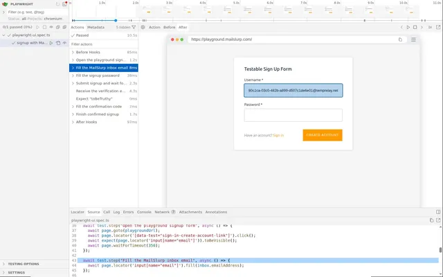 Playwright running a signup test using a MailSlurp inbox and an email confirmation code