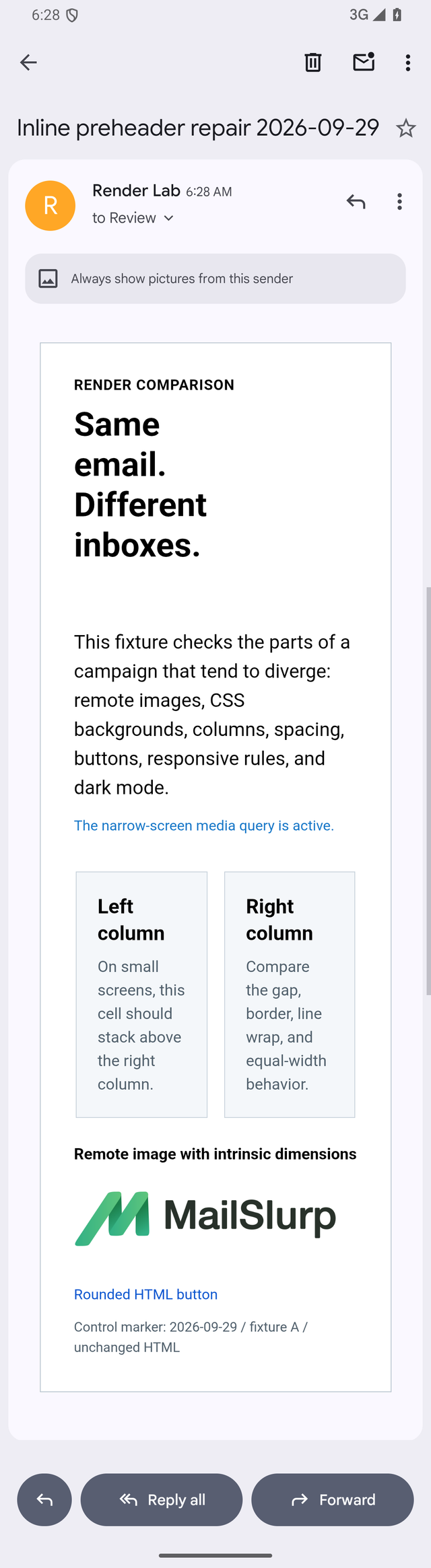 Gmail Android after inline preheader hiding styles were added, with the leaked text no longer above the design