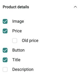 Omnisend Product details settings with Image, Price, Button and Title checked and Description unchecked