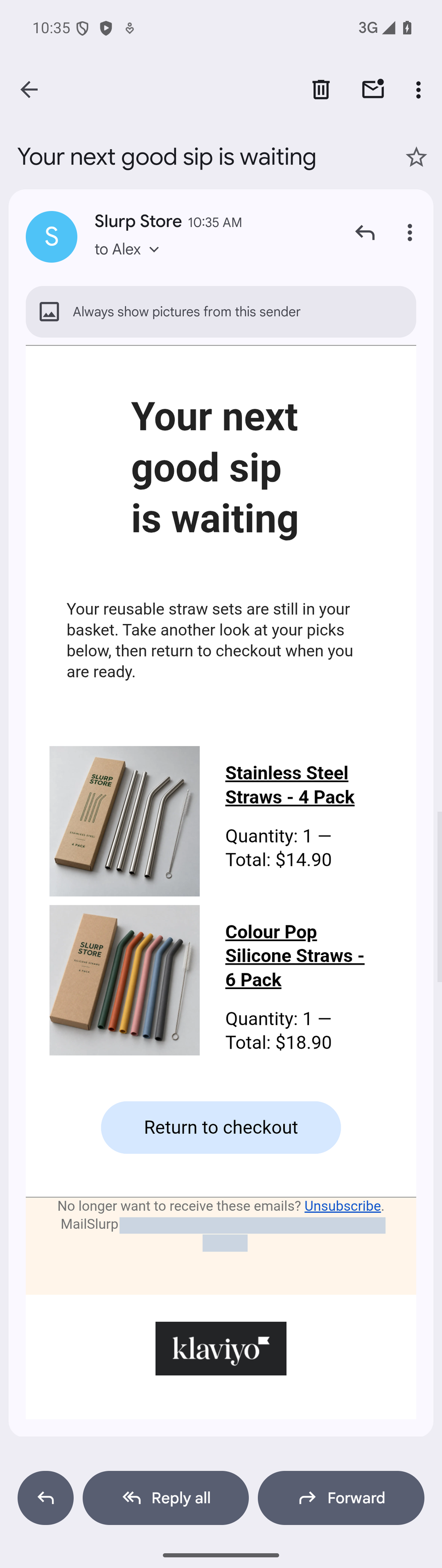 Complete original Klaviyo flow email in Gmail Android with product photos, quantities, item totals, a pale-blue checkout button and full footer