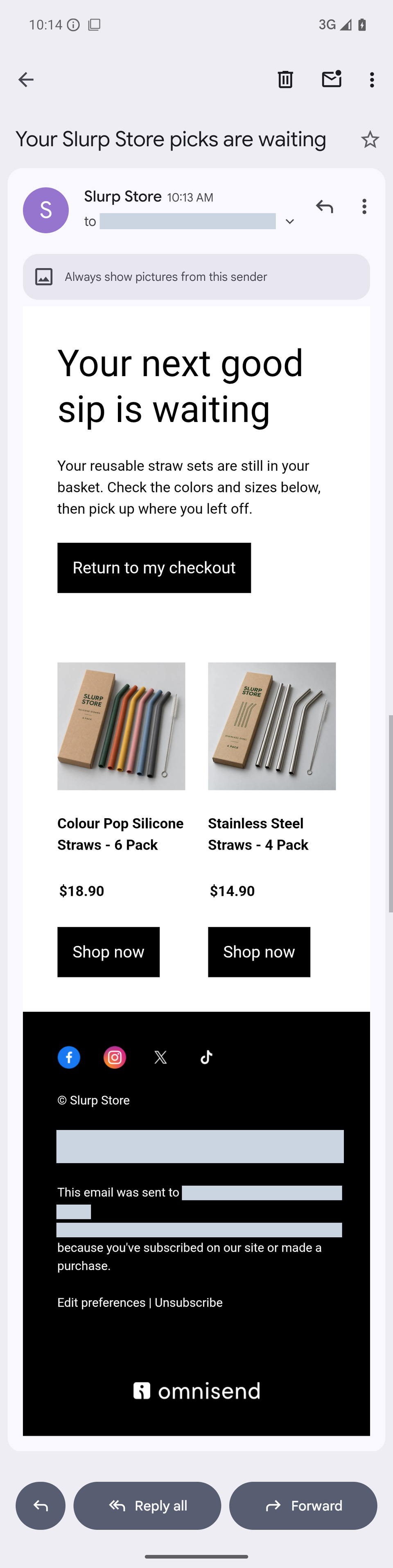 Complete revised Slurp Store reminder in Gmail Android with both product names wrapped, aligned prices and buttons, and the full footer