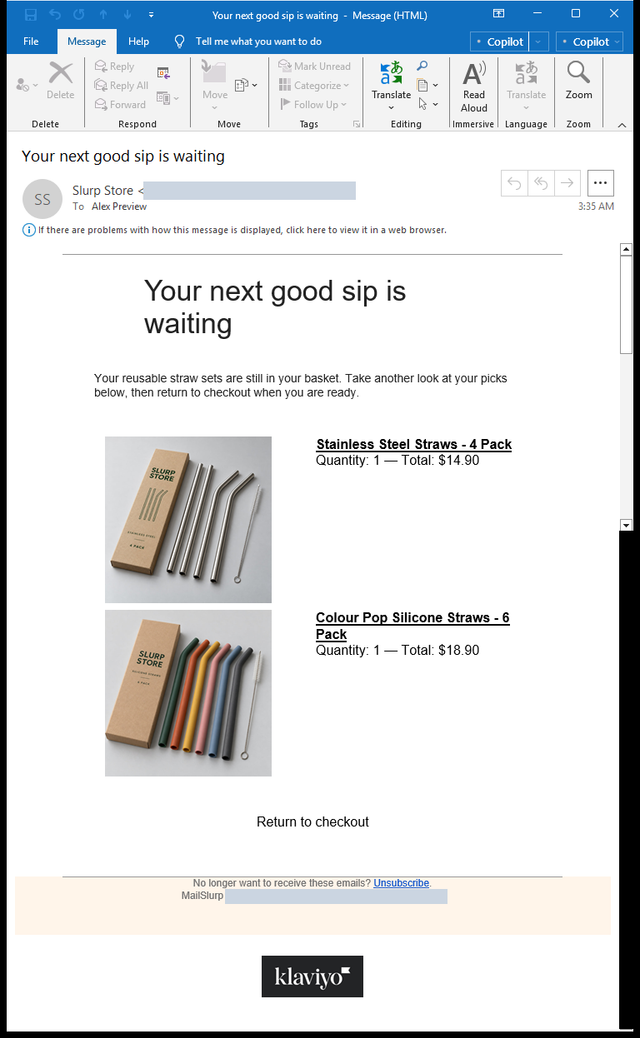 Complete native Klaviyo flow email in Outlook Classic with populated products and a checkout link lacking the phone version's blue button fill