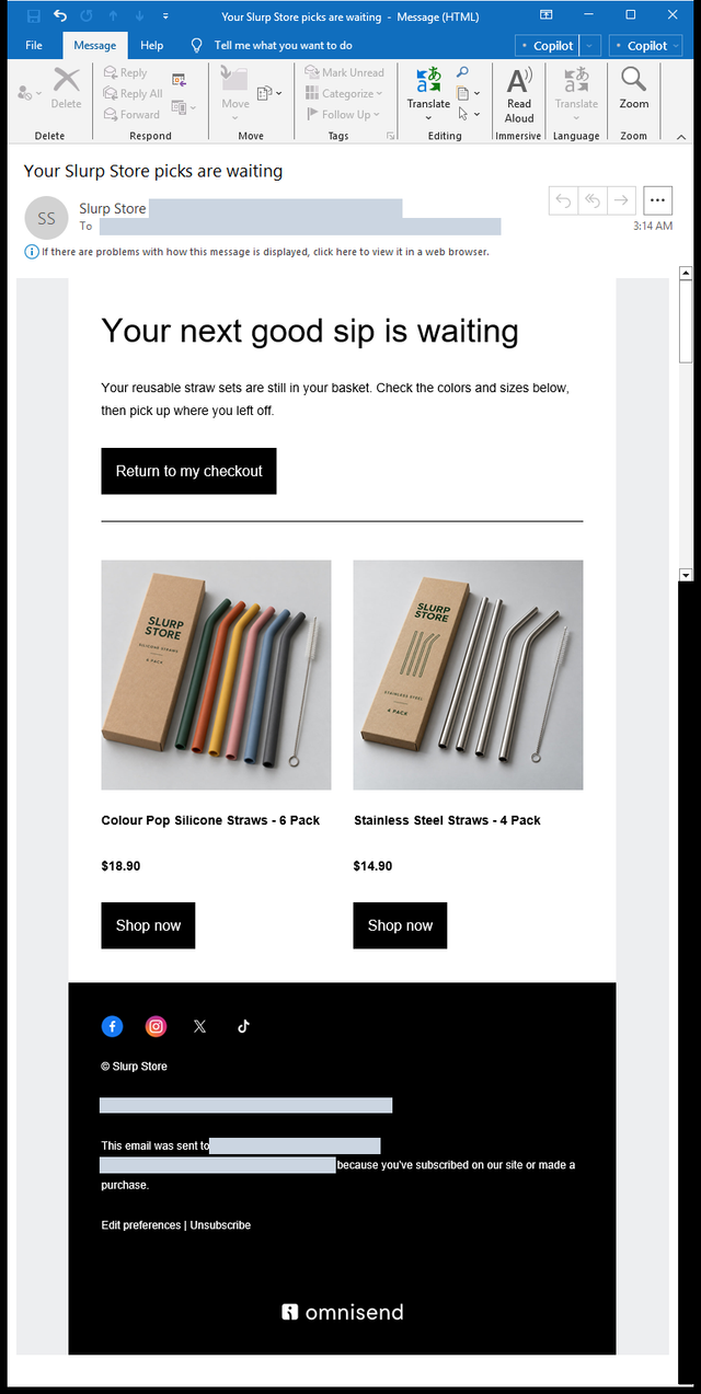 Complete revised Slurp Store reminder in Outlook Classic with both product photographs, prices and footer