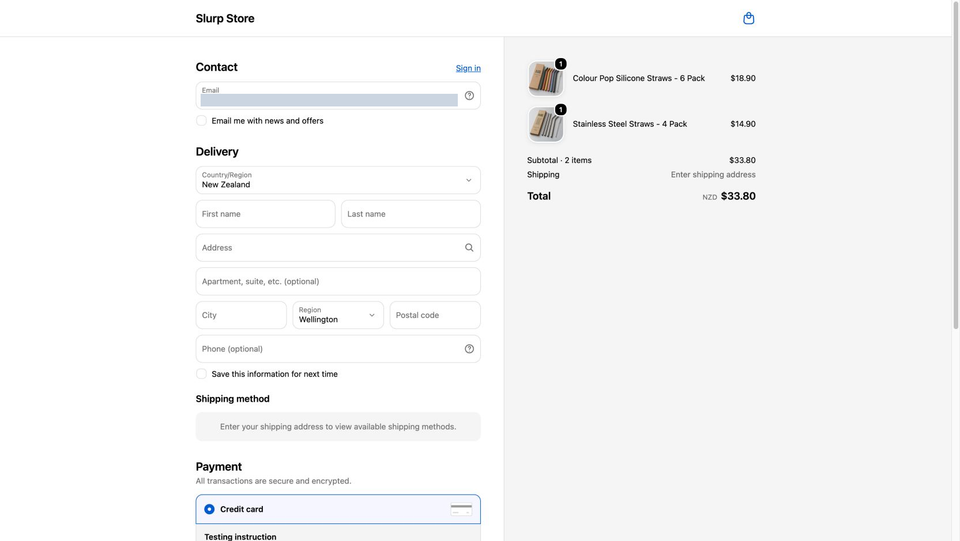 Full Slurp Store checkout reached from the received reminder, with the original products beside the uncompleted delivery and payment form