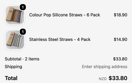 Detail of the recovered checkout showing one silicone straw six-pack at 18.90 dollars and one stainless steel straw four-pack at 14.90 dollars, totaling 33.80 New Zealand dollars