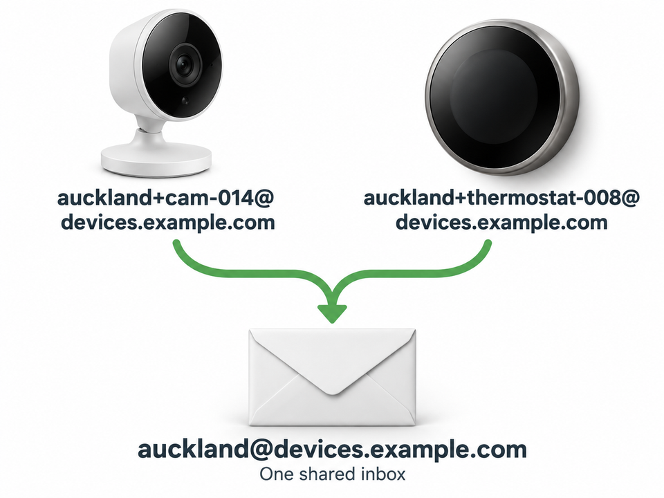 Illustration of Auckland camera and thermostat plus addresses delivering to auckland@devices.example.com
