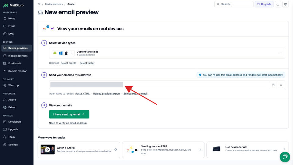 MailSlurp create-preview page with an arrow pointing to the generated email address
