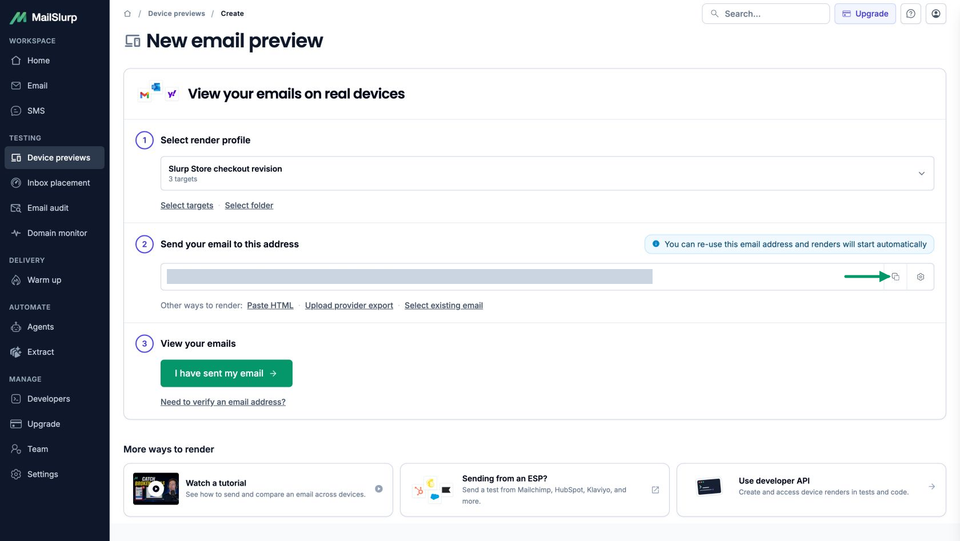 Full MailSlurp create-preview page with the three-target Slurp Store checkout revision profile selected and the receiving address hidden
