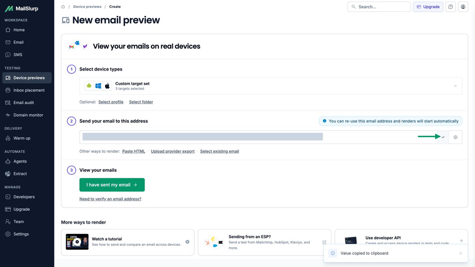 Full MailSlurp create-preview page with a custom three-target selection and the private receiving address hidden