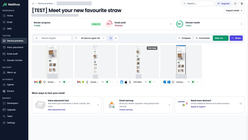 MailSlurp results for the Shopify test email with a TEST subject prefix and four completed client captures