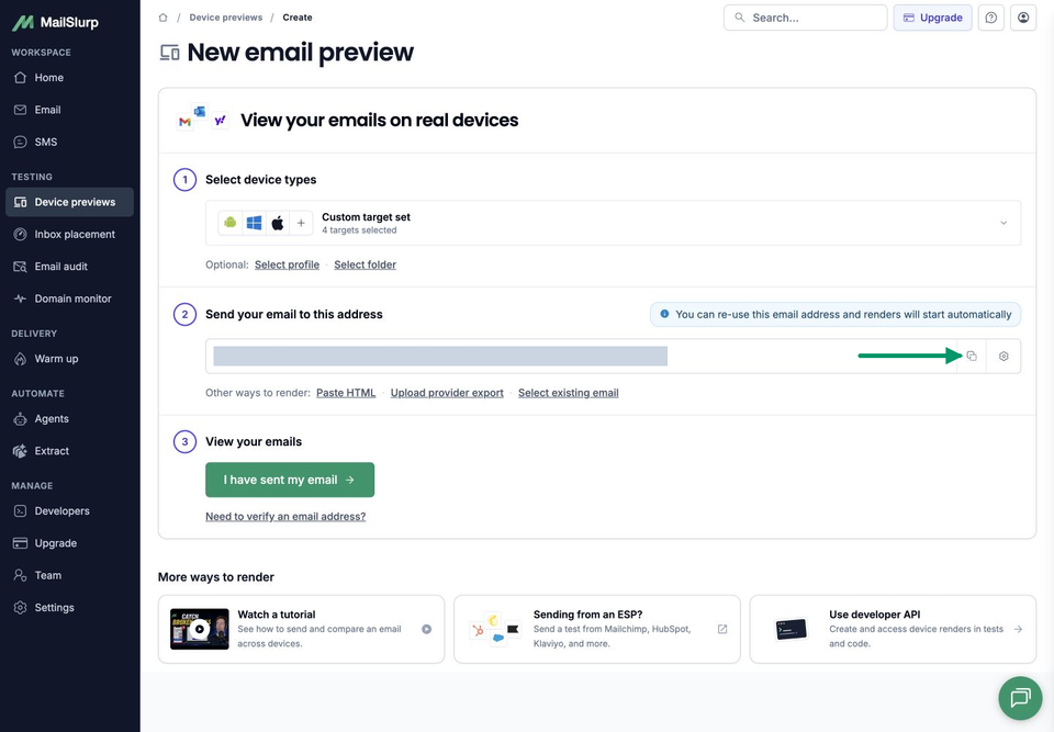 MailSlurp's new email preview form with four selected targets and an arrow pointing to the receiving-address Copy control