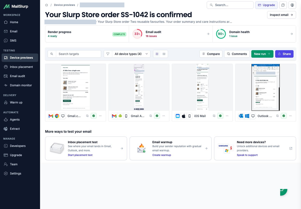 MailSlurp results for the Resend receipt showing four ready captures, an email audit with 16 issues and domain health with one issue