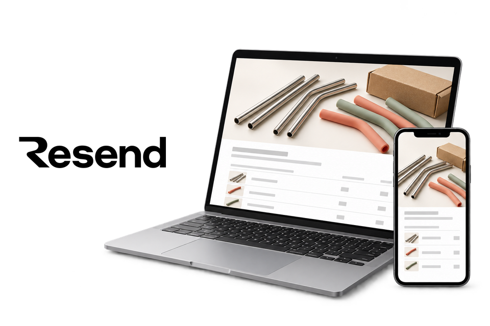 Resend illustration with a reusable-straw order email on a laptop and phone