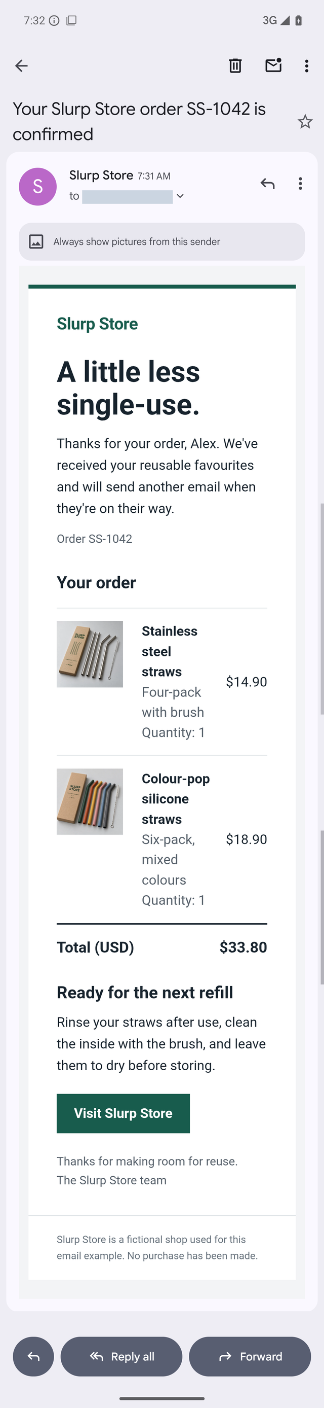 Complete Gmail Android receipt with wrapped product names, both photographs, readable prices and the 33.80 dollar total