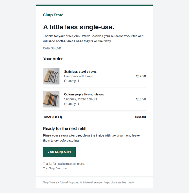 Complete Slurp Store receipt in Gmail.com with both straw photographs, product prices, the 33.80 dollar total, care instructions and store button