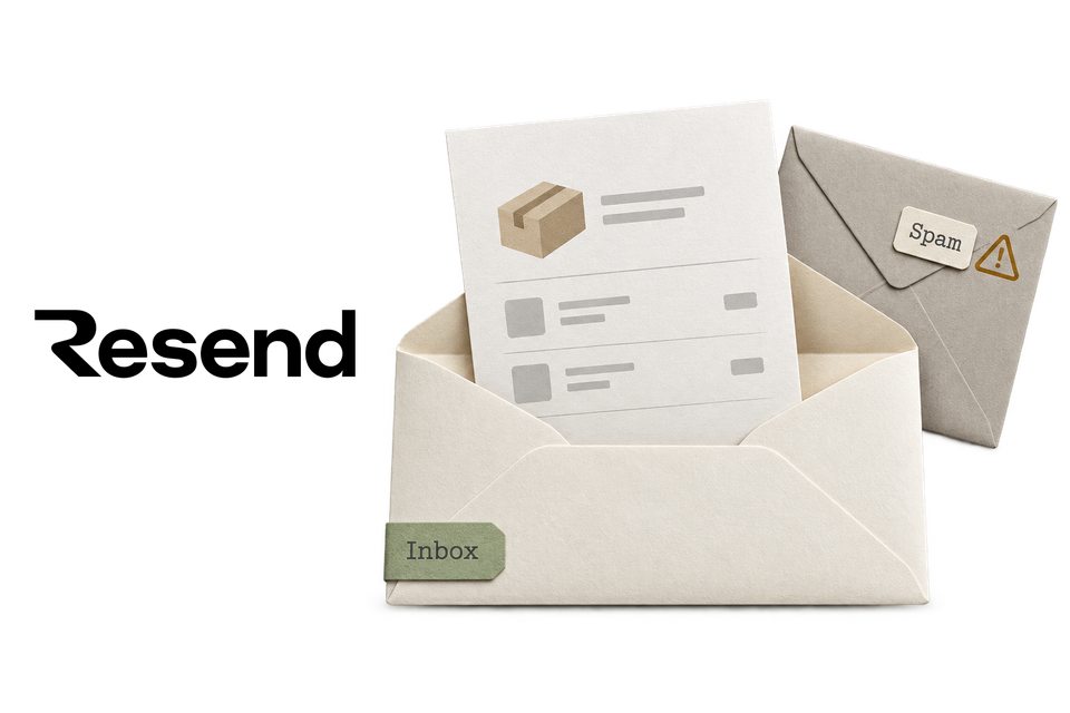 Resend illustration with an order receipt in an Inbox envelope beside a Spam envelope