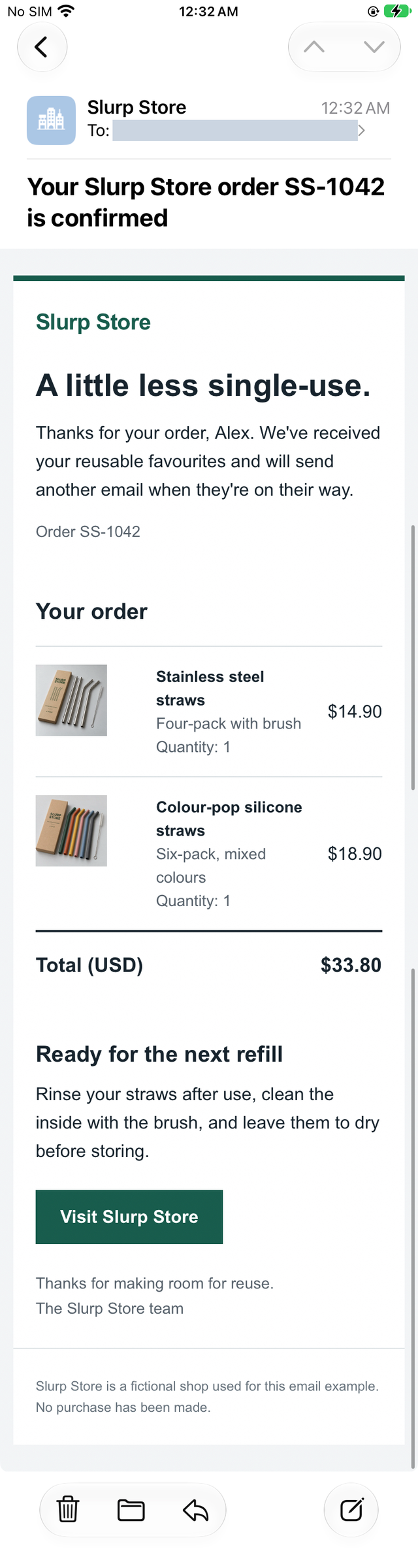 Complete receipt in iPhone Mail with product names wrapped onto more lines, readable prices and the same 33.80 dollar total