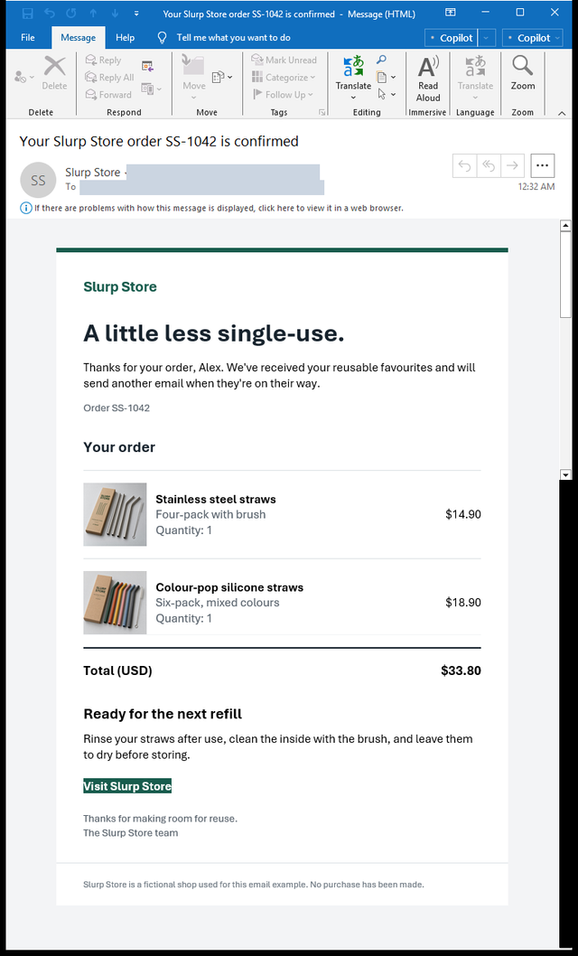 Complete Outlook Classic receipt with both product rows and a compact green-backed Visit Slurp Store link