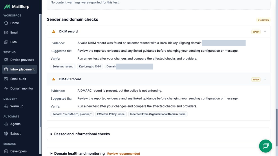 Expanded Resend findings showing a valid 1024-bit DKIM record warning and a DMARC record with non-enforcing policy none